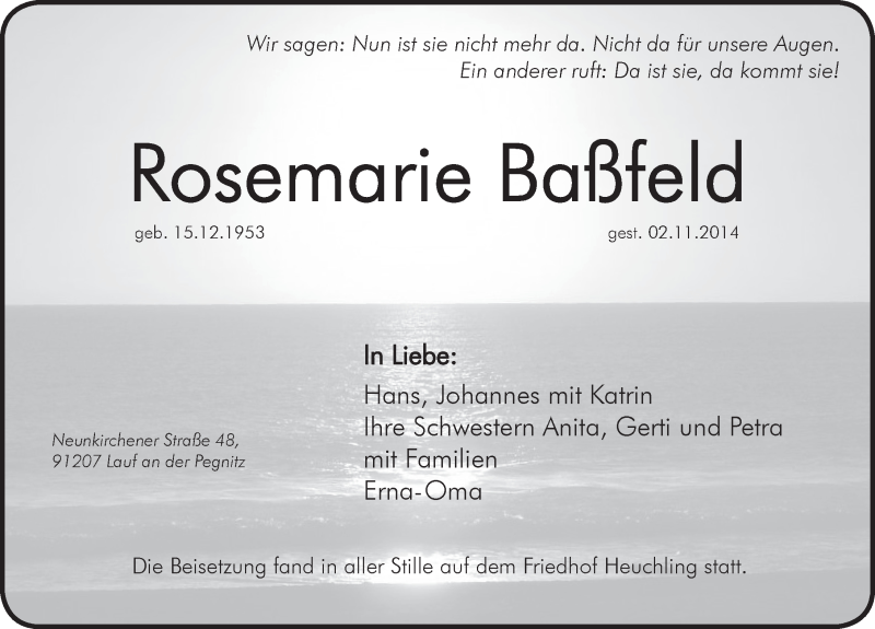  Traueranzeige für Rosemarie Baßfeld vom 08.11.2014 aus Pegnitz-Zeitung